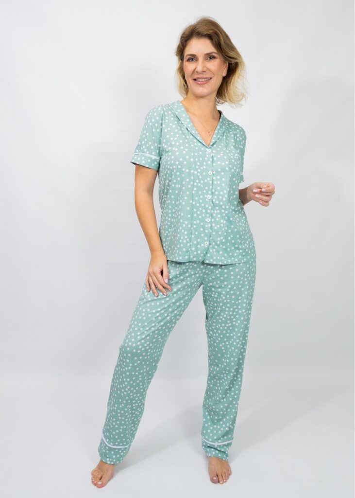Pijama Americano Feminino Algodão Joana-Verde Poá-FBL139