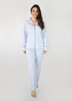 pijama americano manga longa em algodão com estampa de listras azul claro. Marca: Piante pijamas