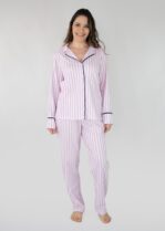 Pijama americano longo em algodão com abertura com botões. Listado Rosa. Marca: Piante