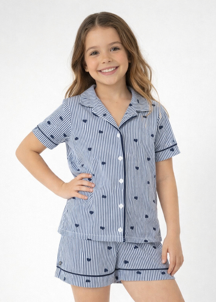 Pijama infantil feminino Algodão Helena -Listrado Marinho Corações-IFBL29