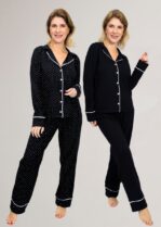 KIT de Pijamas: 2 Pijamas Americanos Longos (Preto Poá+Preto Liso)