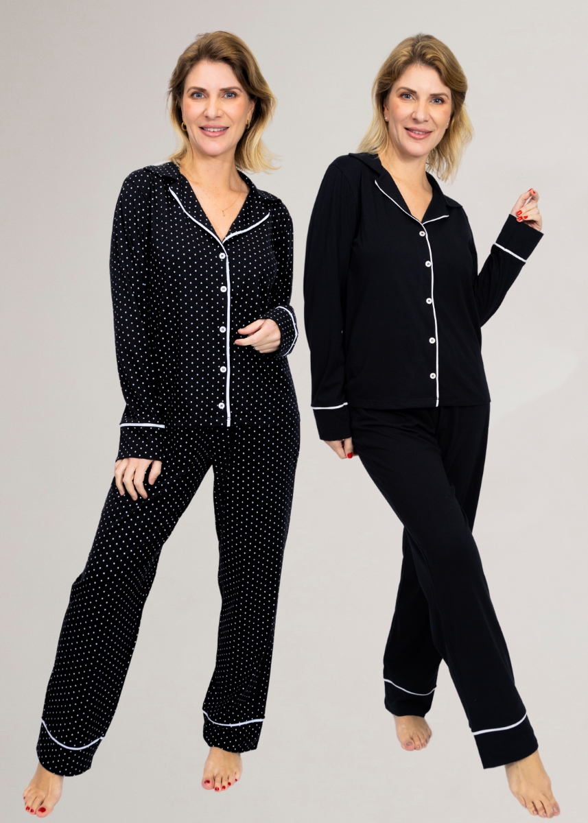 KIT de Pijamas: 2 Pijamas Americanos Longos (Preto Poá+Preto Liso) KIT de Pijamas: 2 Pijamas Americanos Longos (Preto Poá+Preto Liso)