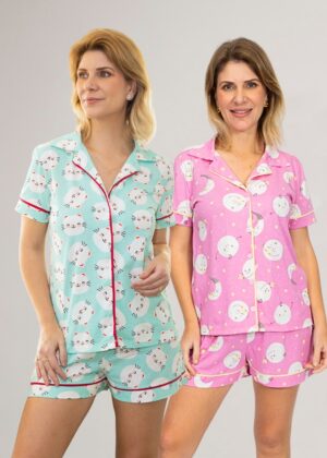 KIT de Pijamas: 2 Pijamas Americanos Curtos (Lua Rosa+Gatinho Verde)