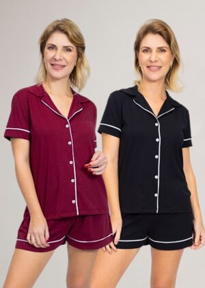 KIT de Pijamas: 2 Pijamas Americanos Curtos (Bordô+Preto)