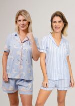 KIT de Pijamas: 2 Pijamas Americanos Curtos (Lua Azul + Listrado Azul)