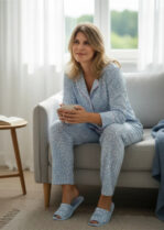Pijama Americano Longo Algodão Amanda-Poa Azul Claro-FBL348