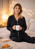 Pijama Americano Longo Algodão Amanda-Preto Poá-FBL347