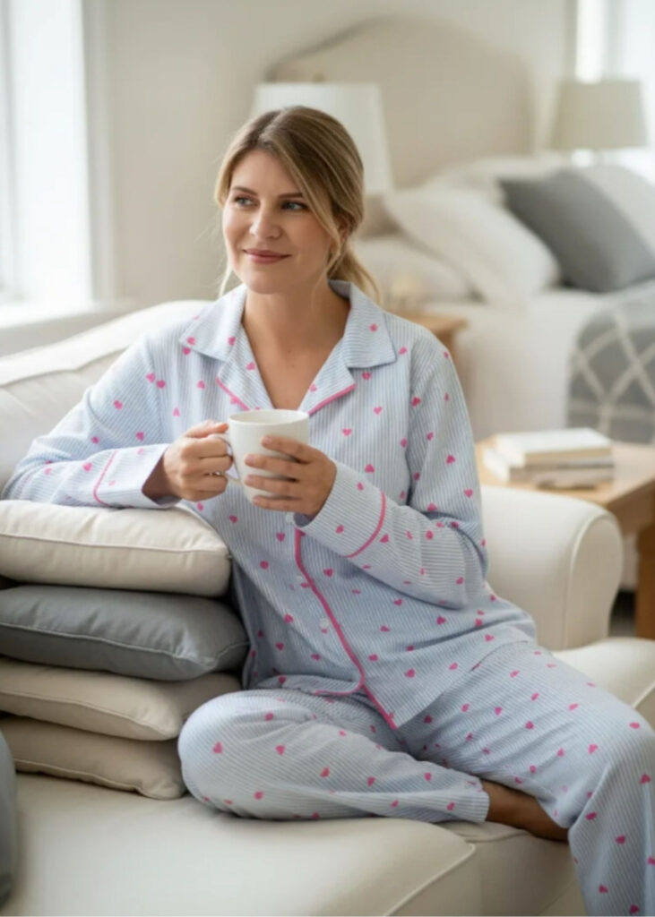 Pijama Americano Longo Algodão Amanda – Listras Azuis Corações Rosas-FBL346
