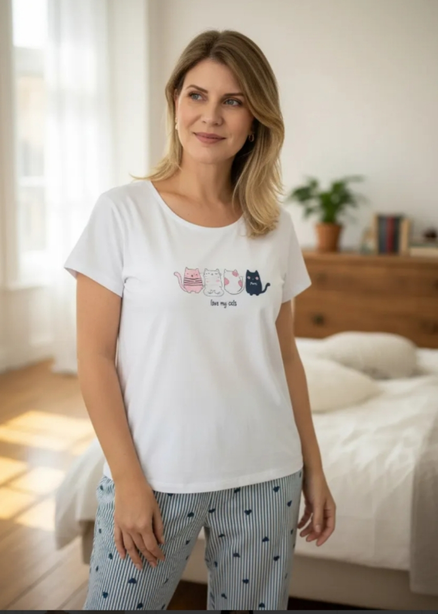 Pijama feminino algodão Camila–Listras Marinho Corações-FBL309